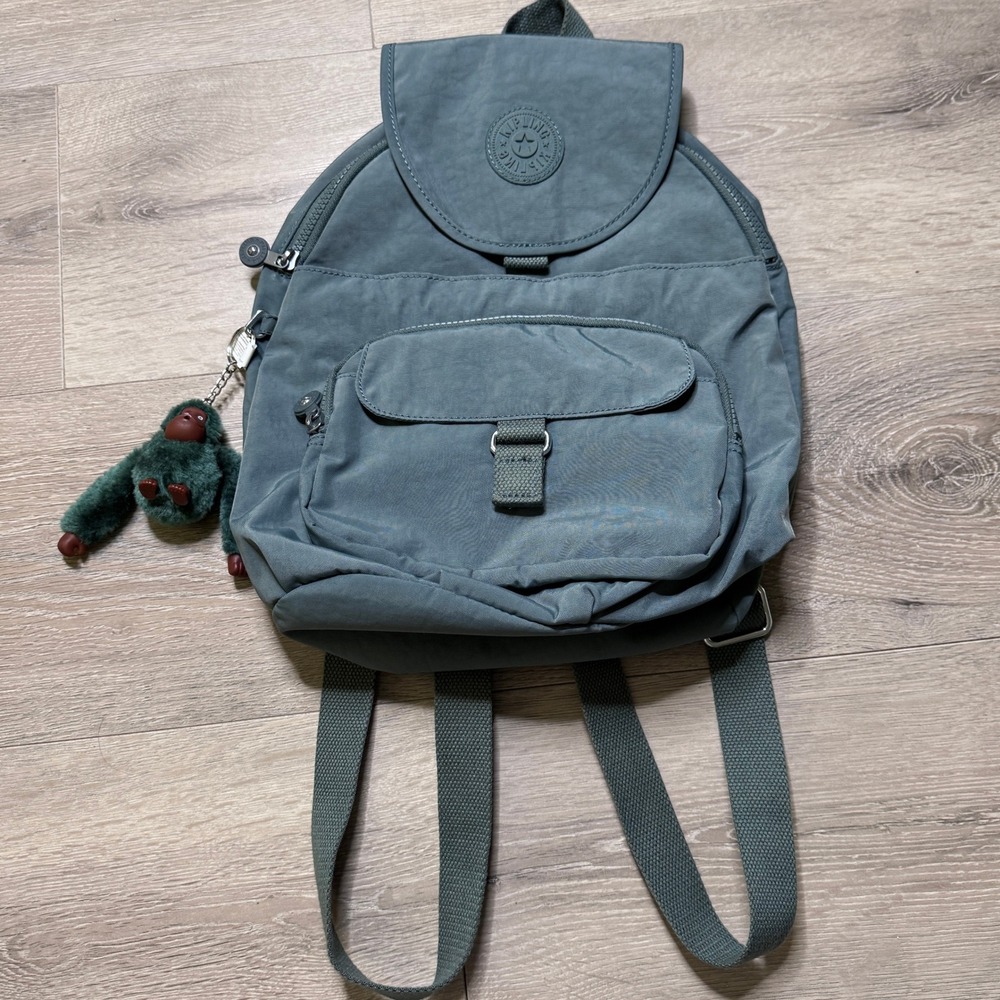 Kipling Queenie Sage Green Crinkle Nylon Backpack with Fuzzy Monkey Keychain